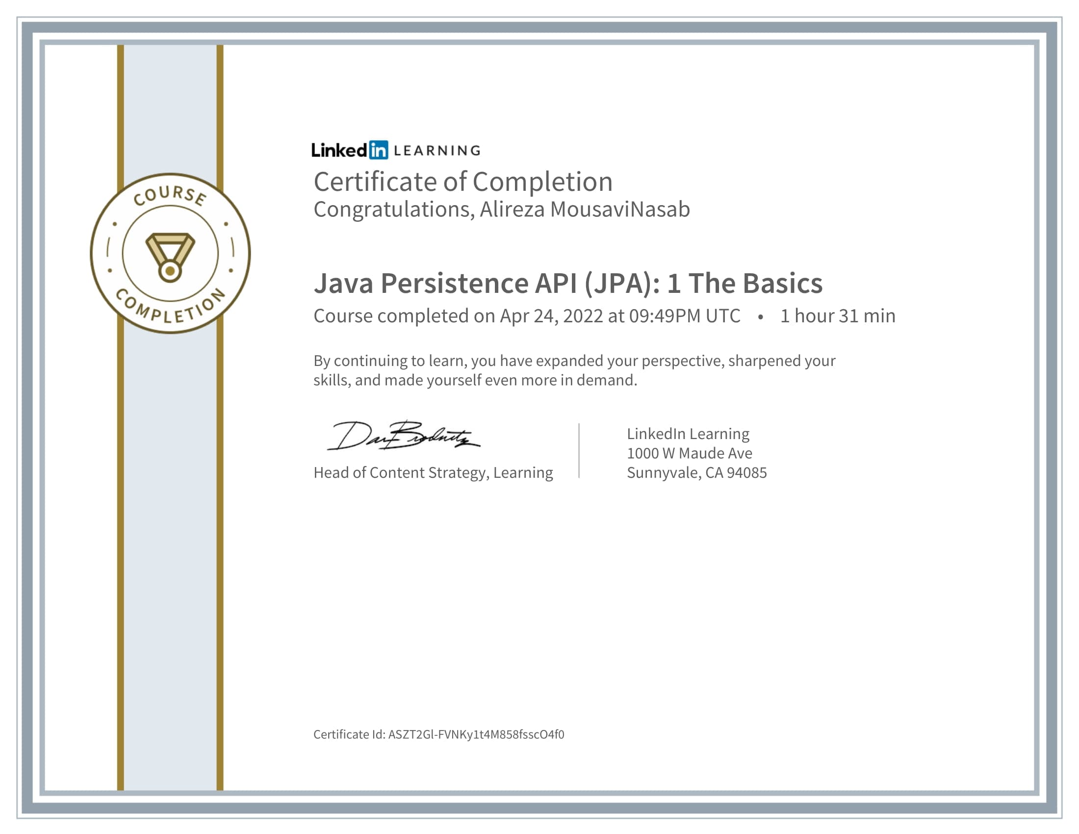 CertificateOfCompletion_Java Persistence API JPA 1 The Basics